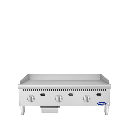 Atosa CookRite ATG-3624-S 36 inch thermostatic polished steel gas griddle with three independent controls