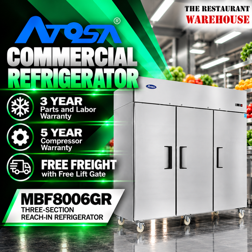 Atosa USA MBF8006 Series Stainless Steel 78-Inch Three Door Upright Refrigerator - Energy Star Rated