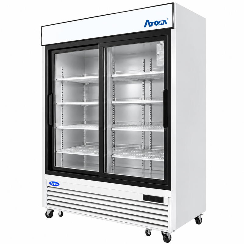 Atosa USA MCF8709 with 2 Sliding Glass Merchandiser 55-Inch Two Door Refrigerator left angle