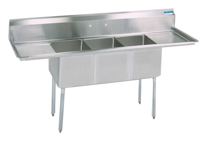 BK Resources BKS-3-18-12-18T Stainless Steel 3 Compartment Sink w/ & Dual 18" Drainboards 18L X 18W X 12D Bowls