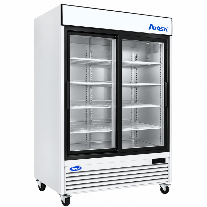 Atosa USA MCF8709 with 2 Sliding Glass Merchandiser 55-Inch Two Door Refrigerator right angle
