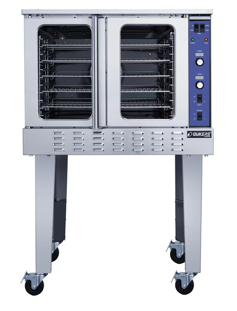 Dukers DCCOG1 single deck gas convection oven with 50/50 dependent doors and stainless steel exterior on locking casters
