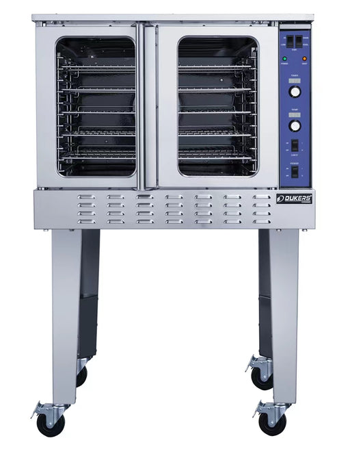 Dukers DCCOG1 single deck gas convection oven with 50/50 dependent doors and stainless steel exterior on locking casters