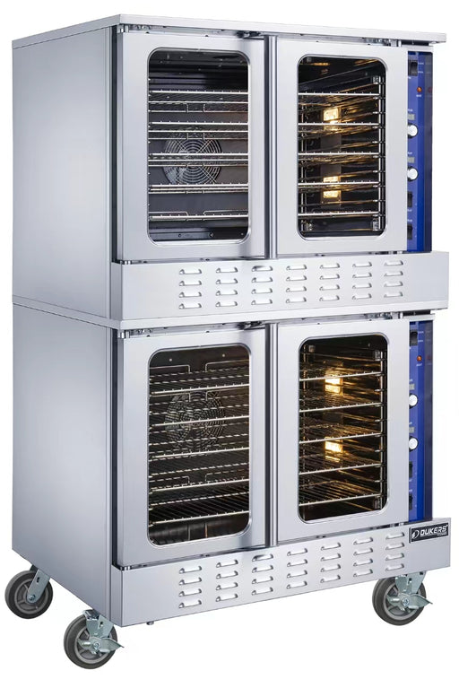 Dukers DCCOG2 double stack gas convection oven with 50/50 dependent doors on both cavities and stainless steel exterior on locking casters