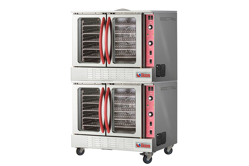 IKON IECO-2 stacked double deck electric convection oven with independent doors, viewing windows, and stainless steel exterior on casters