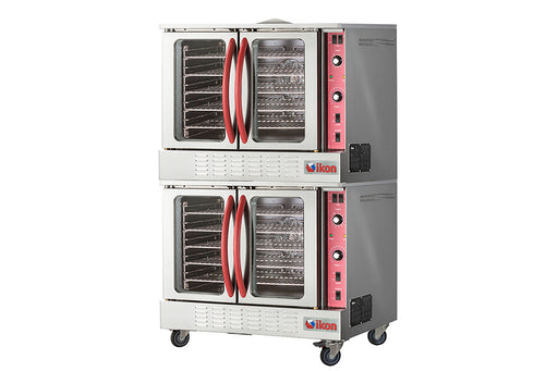 IKON IECO-2 stacked double deck electric convection oven with independent doors, viewing windows, and stainless steel exterior on casters