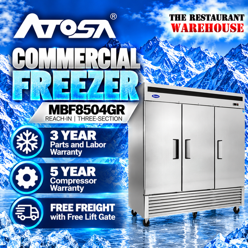 Atosa USA MBF8504 Series Stainless Steel 82-Inch Three Door Upright Freezer - Energy Star Rated