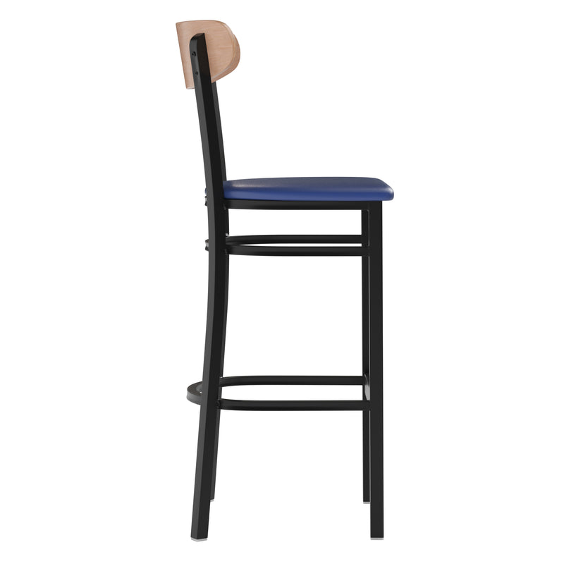 Blue Vinyl/Wood Back Barstool