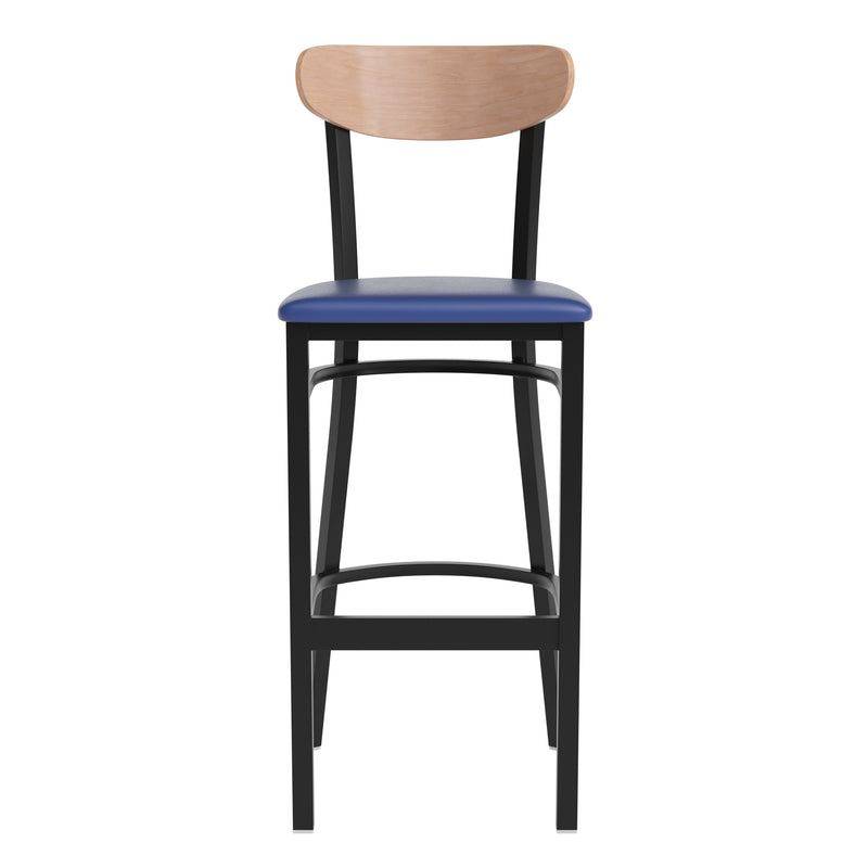Blue Vinyl/Wood Back Barstool