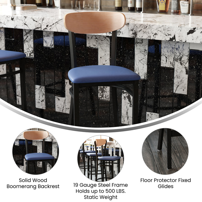 Blue Vinyl/Wood Back Barstool