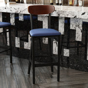Blue Vinyl/Wood Back Barstool