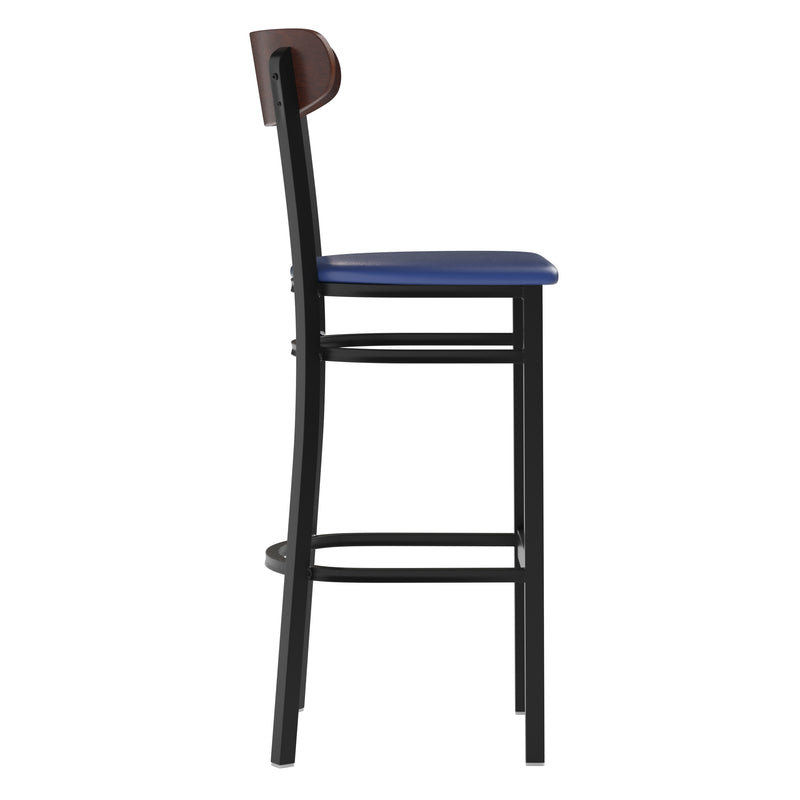 Blue Vinyl/Wood Back Barstool