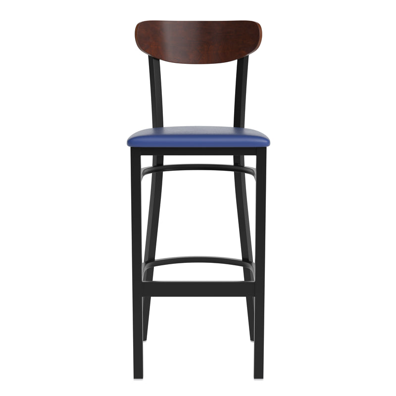 Blue Vinyl/Wood Back Barstool