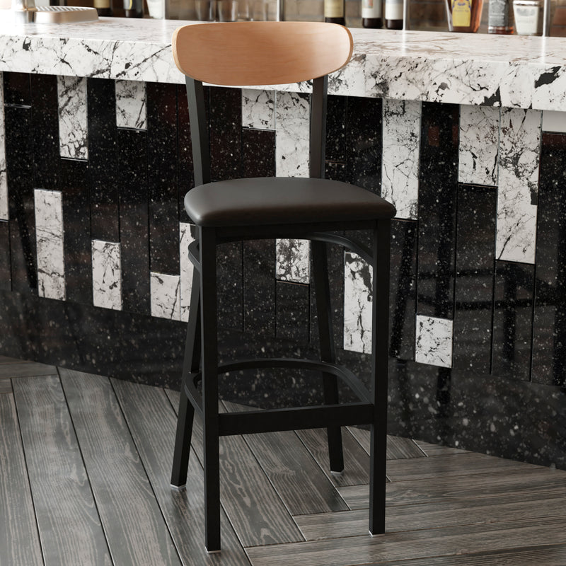 Black Vinyl/Wood Back Barstool