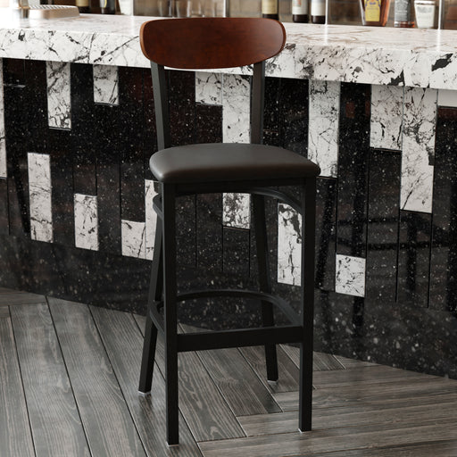 Black Vinyl/Wood Back Barstool