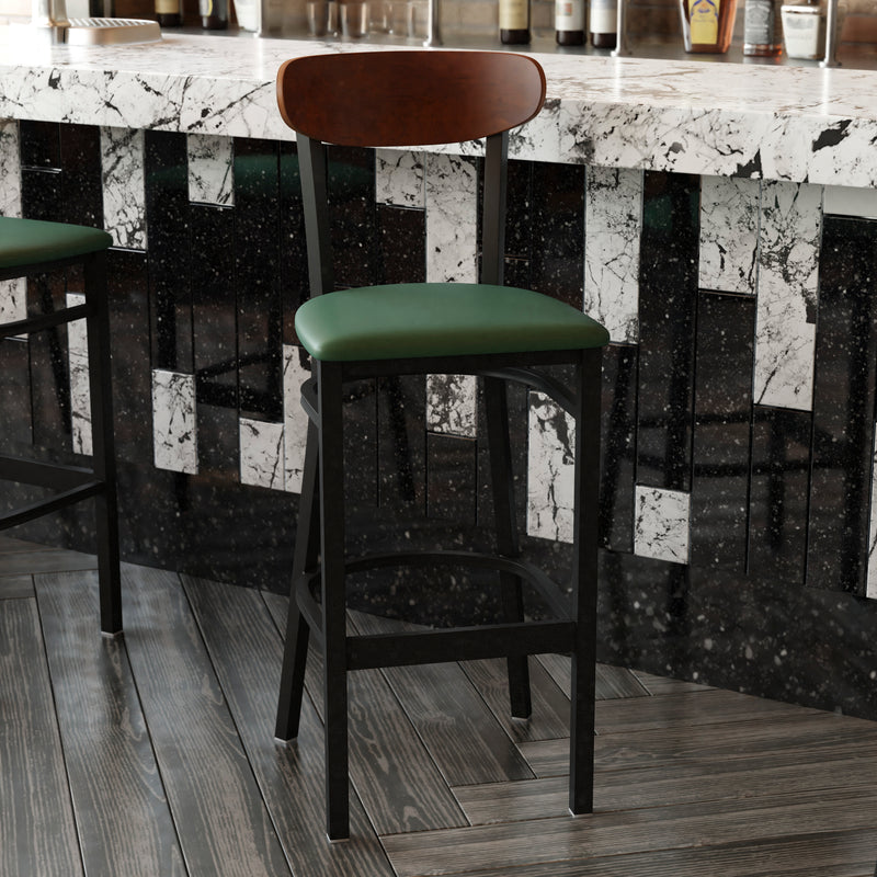 Green Vinyl/Wood Back Barstool