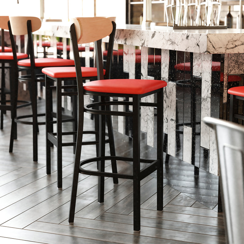 Red Vinyl/Wood Back Barstool