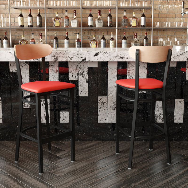 Red Vinyl/Wood Back Barstool