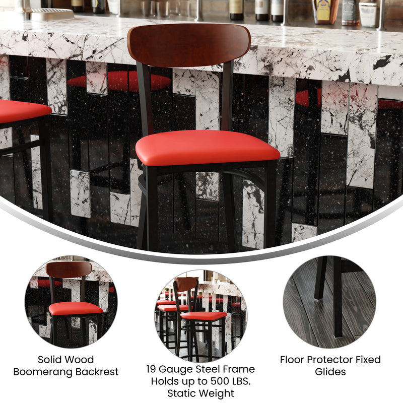Red Vinyl/Wood Back Barstool