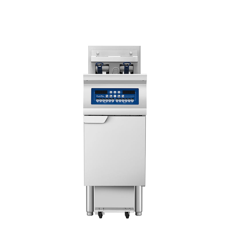 Atosa CookRite AEFF-50-1 single vat 50 lb electric fryer with built-in filtration, front view