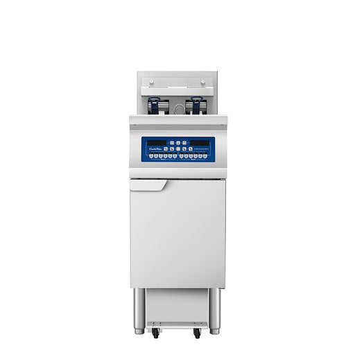 Atosa CookRite AEFF-50-1 single vat 50 lb electric fryer with built-in filtration, front view