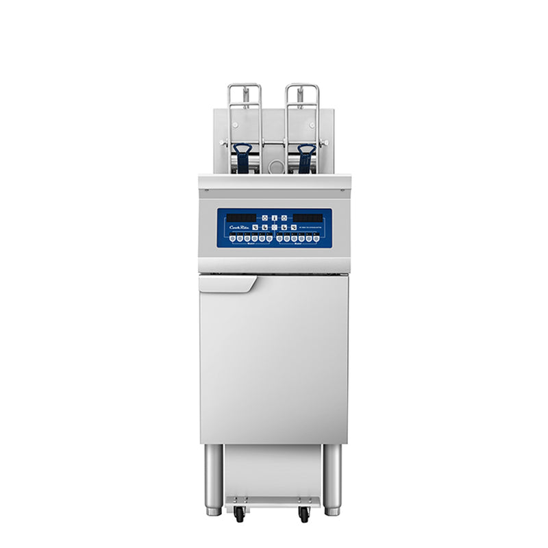 Atosa CookRite AEFF-50-1B single vat 50 lb electric fryer with auto lift and built-in filtration, front view
