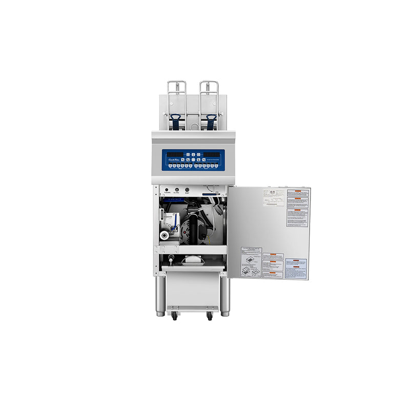 Atosa CookRite AEFF-50-1B electric fryer, door open showing built-in filtration
