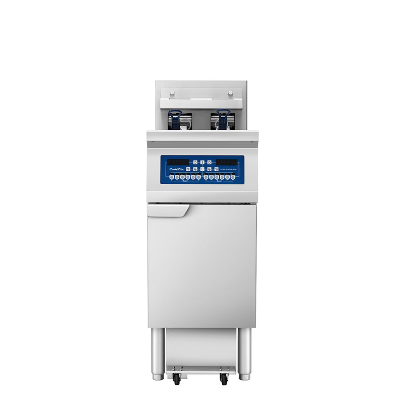 Atosa CookRite AEFF-50-1T single split-vat electric fryer with built-in filtration, front view