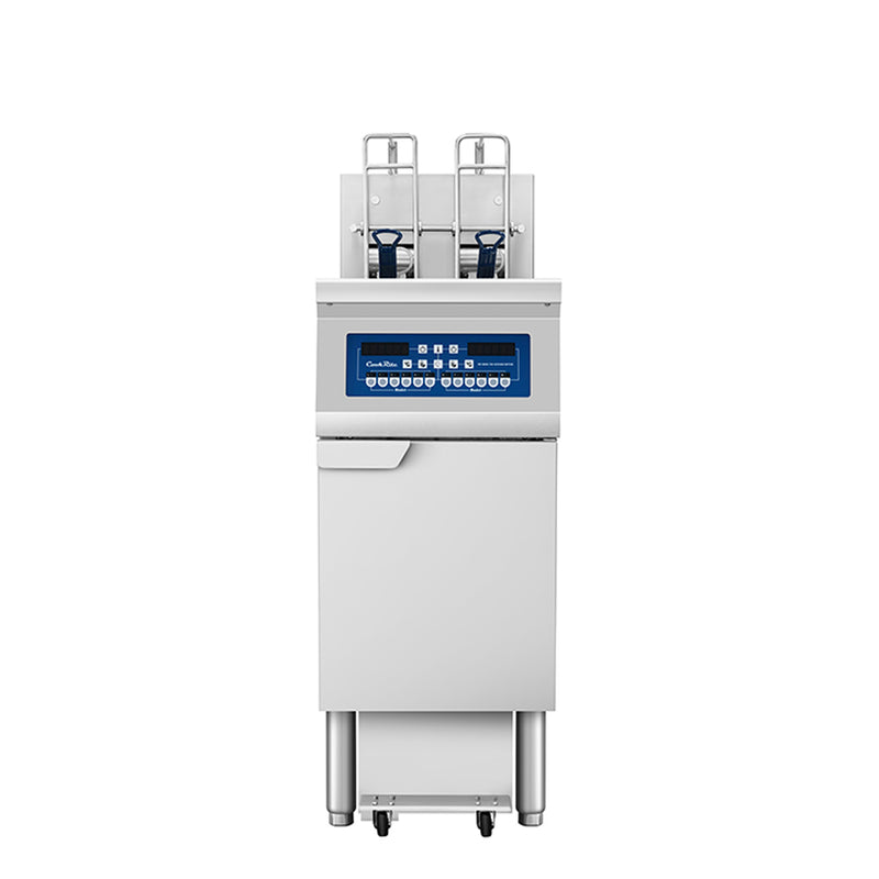 Atosa CookRite AEFF-50-1TB single split-vat electric fryer with auto lift and built-in filtration, front view