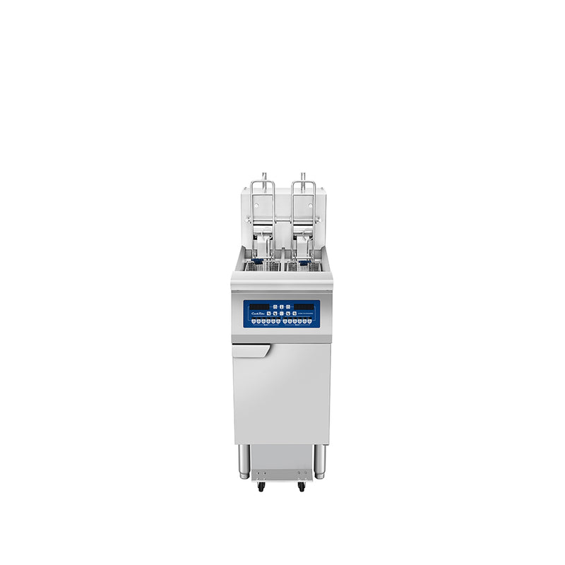 Atosa CookRite AEFF-50-1TB electric fryer, top view of split vat with auto lift