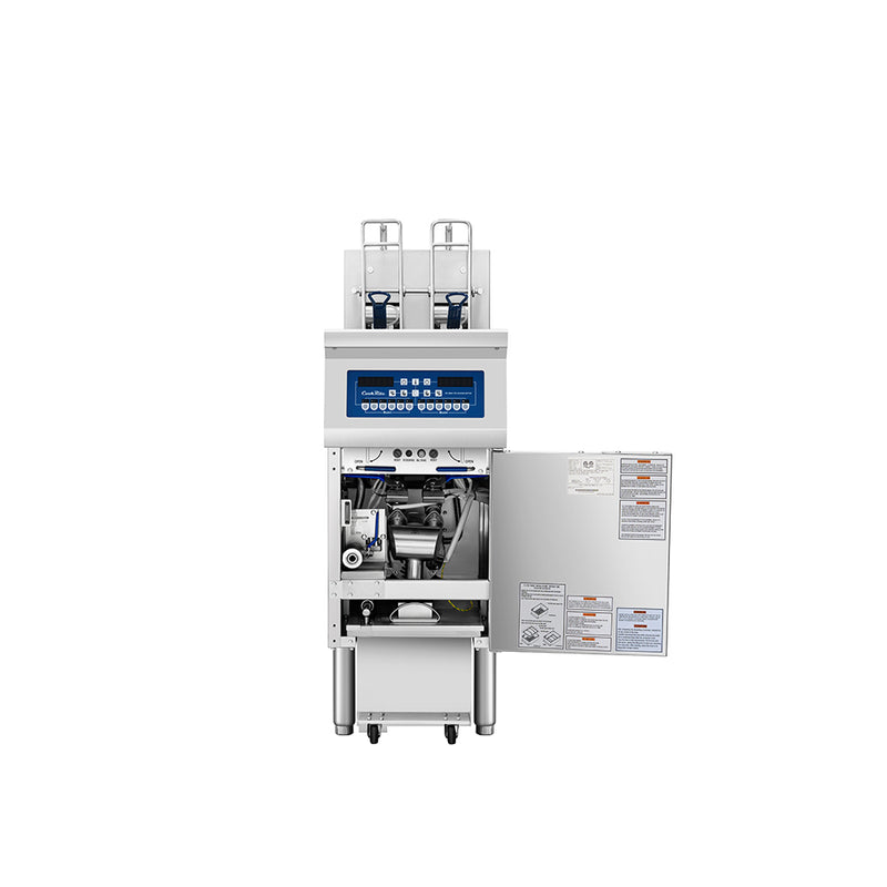 Atosa CookRite AEFF-50-1TB electric fryer, door open showing built-in filtration