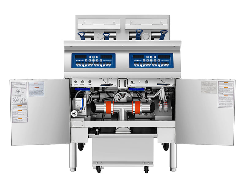 Atosa CookRite AEFF-50-2 electric fryer, doors open showing built-in filtration