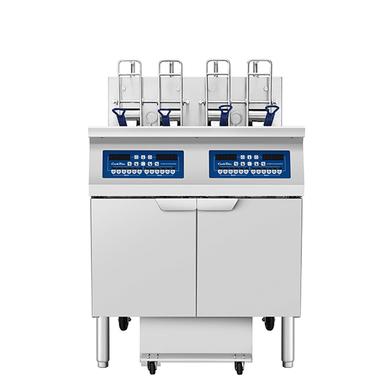 Atosa CookRite AEFF-50-2B double vat electric fryer with auto lift and built-in filtration, front view