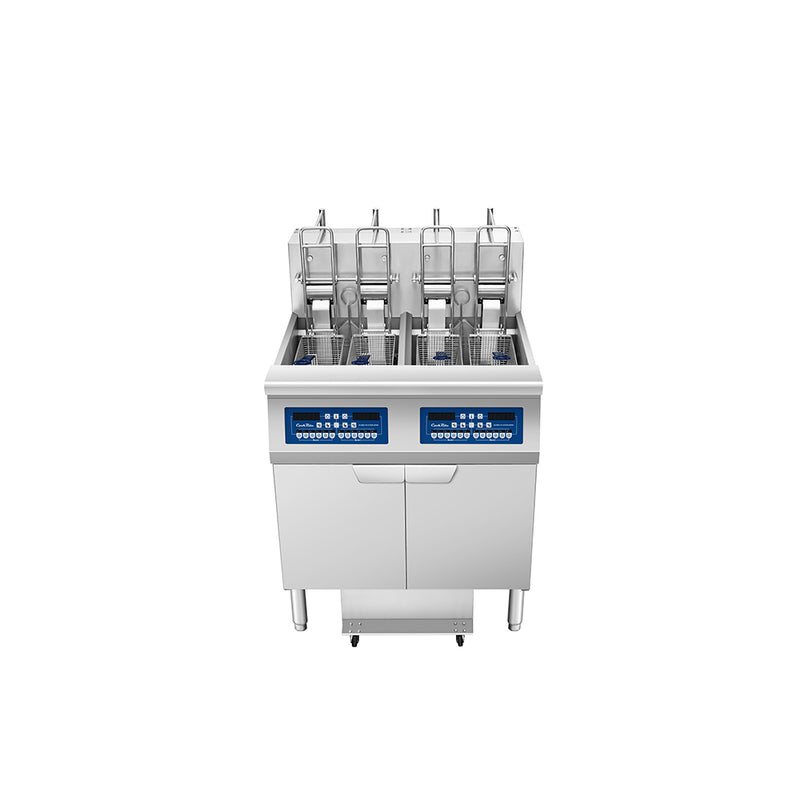Atosa CookRite AEFF-50-2B electric fryer, top view of two full vats with auto lift