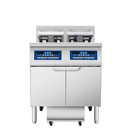 Atosa CookRite AEFF-50-2T double vat electric fryer with built-in filtration, front view