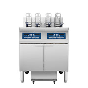 Atosa CookRite AEFF-50-2TB double vat electric fryer with auto lift, split vat, and built-in filtration, front view