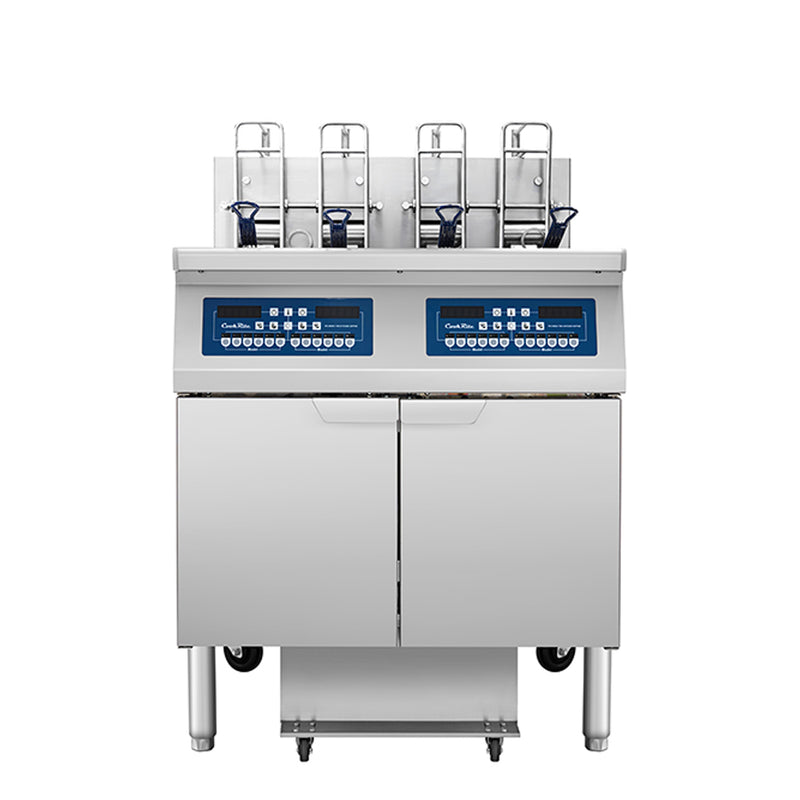 Atosa CookRite AEFF-50-2TB double vat electric fryer with auto lift, split vat, and built-in filtration, front view