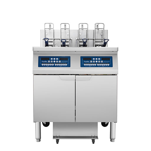 Atosa CookRite AEFF-50-2TB double vat electric fryer with auto lift, split vat, and built-in filtration, front view