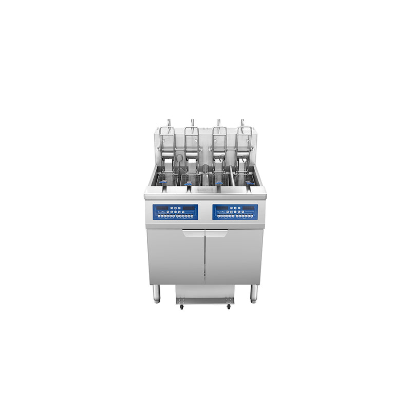 Atosa CookRite AEFF-50-2TB electric fryer, top view of full vat and split vat with auto lift
