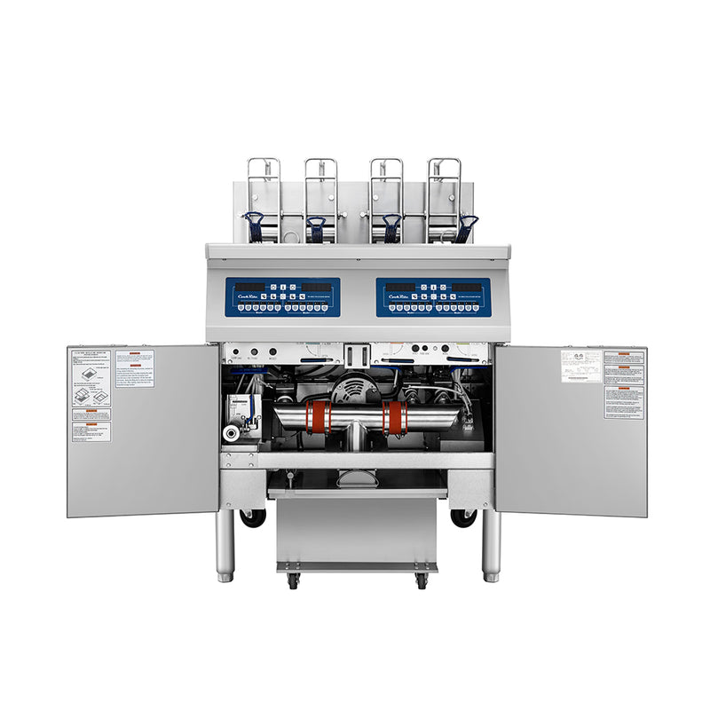 Atosa CookRite AEFF-50-2TB electric fryer, doors open showing built-in filtration