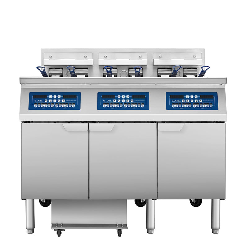 Atosa CookRite AEFF-50-3 triple vat electric fryer with built-in filtration, front view