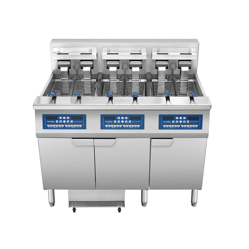 Atosa CookRite AEFF-50-3 electric fryer, top view of three full vats