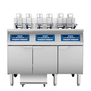 Atosa CookRite AEFF-50-3B triple vat electric fryer with auto lift and built-in filtration, front view