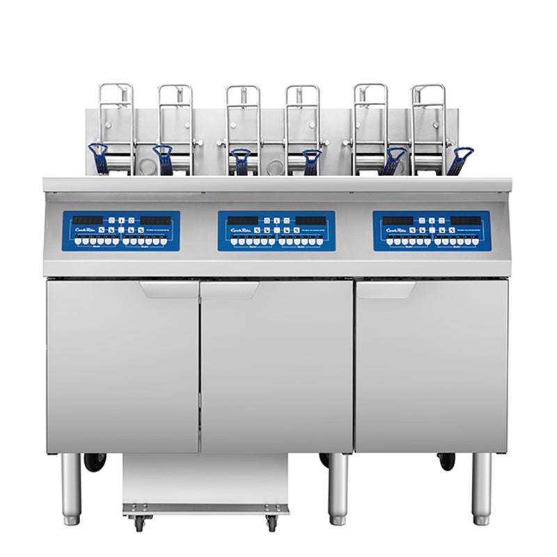 Atosa CookRite AEFF-50-3B triple vat electric fryer with auto lift and built-in filtration, front view