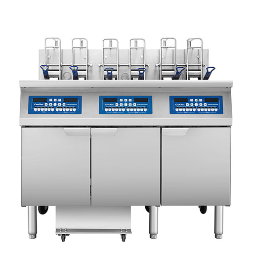 Atosa CookRite AEFF-50-3B triple vat electric fryer with auto lift and built-in filtration, front view