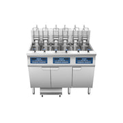 Atosa CookRite AEFF-50-3B electric fryer, top view of three full vats with auto lift