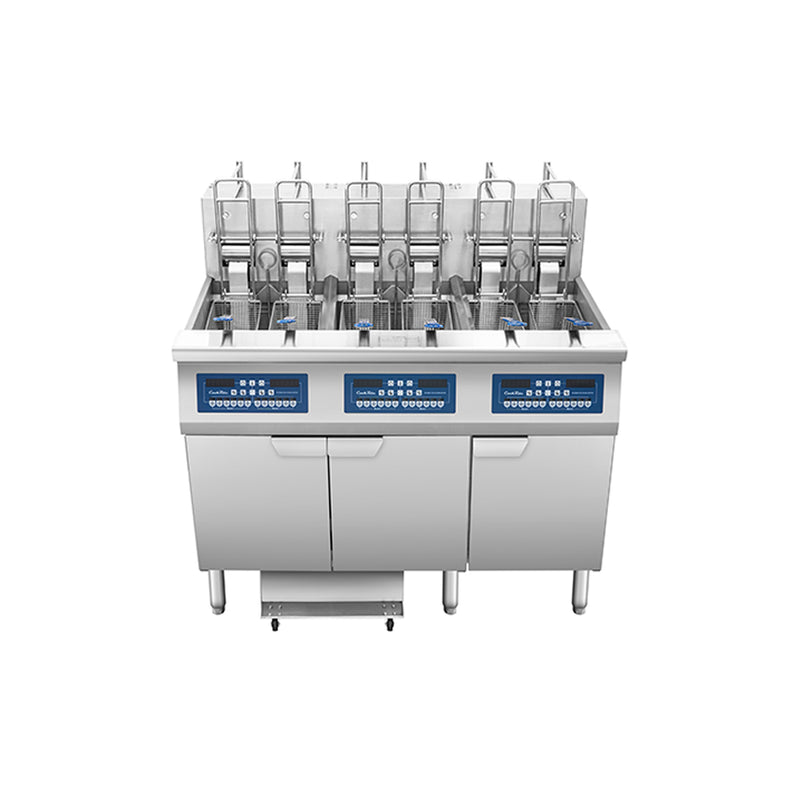 Atosa CookRite AEFF-50-3B electric fryer, top view of three full vats with auto lift