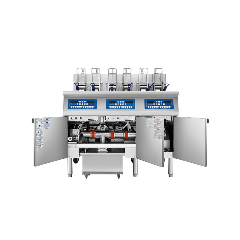 Atosa CookRite AEFF-50-3B electric fryer, doors open showing built-in filtration
