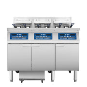 Atosa CookRite AEFF-50-3T triple vat electric fryer with split right vat and built-in filtration, front view