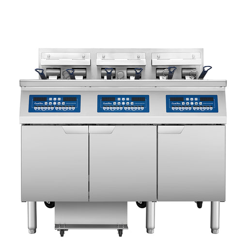 Atosa CookRite AEFF-50-3T triple vat electric fryer with split right vat and built-in filtration, front view